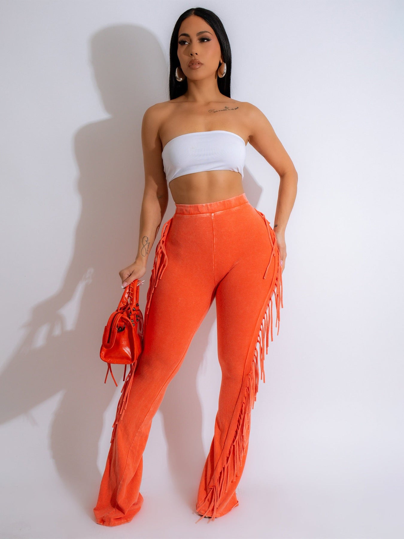 Cotton Washed Distressed Tassel Stretch Tight Bootcut Pants