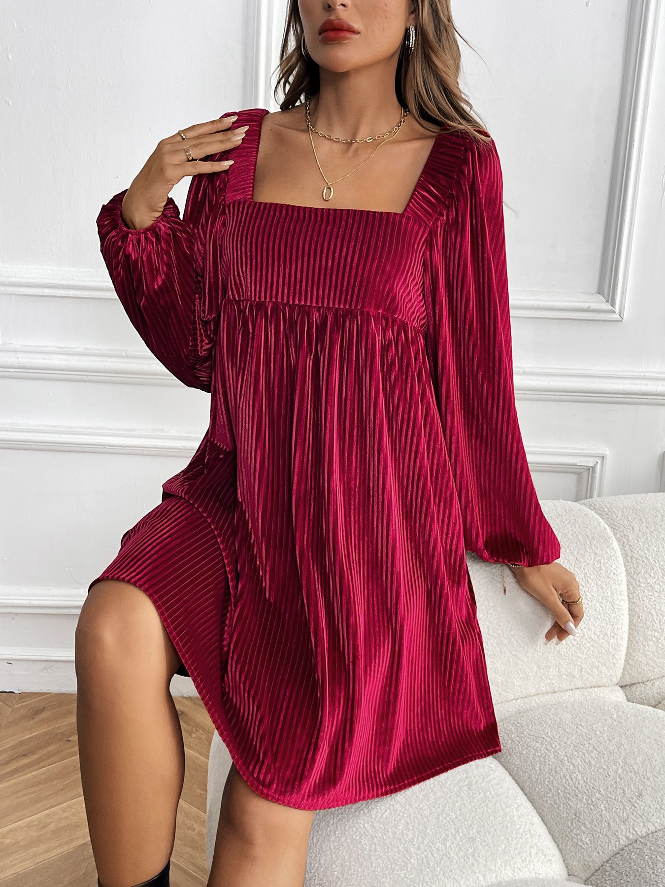 Velvet Square Collar Solid Color Dress