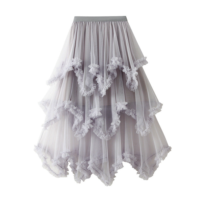 Wooden Ear Irregular Asymmetric Mesh Tiered Skirt