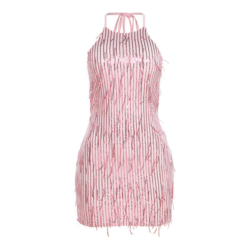 Halter Sexy Backless Sequined Tassel Dress