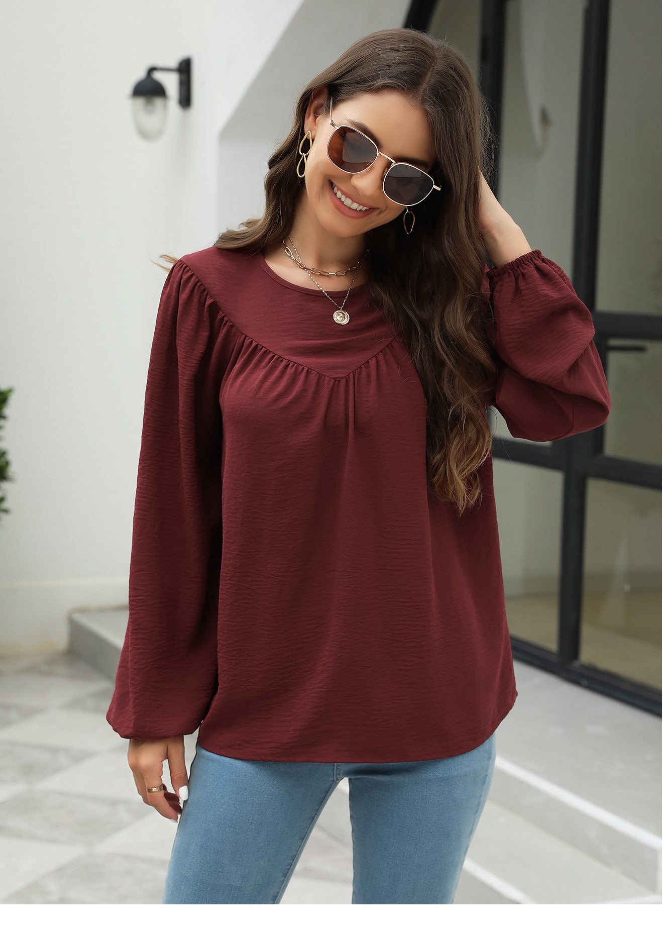 Lantern Sleeve Chiffon Shirt Top