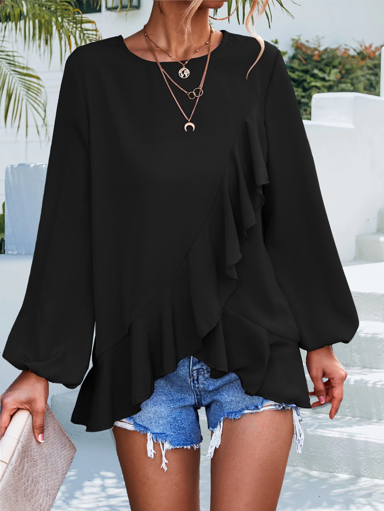 Ruffles Lantern Sleeve Irregular Asymmetric Top Shirt