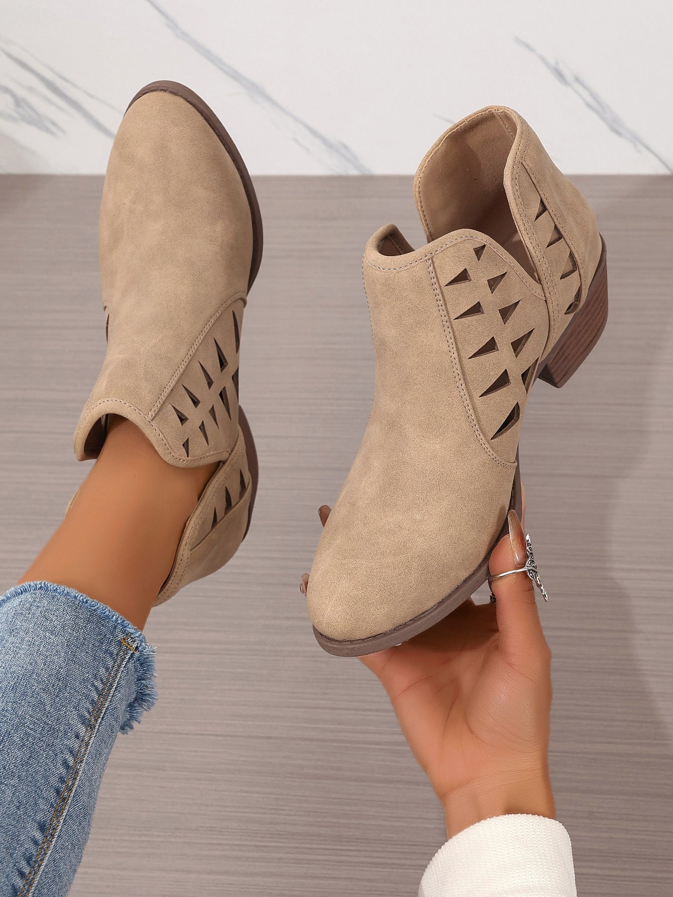 Hollow Out Cutout Chunky Heel Round Toe Daily Ankle Boots