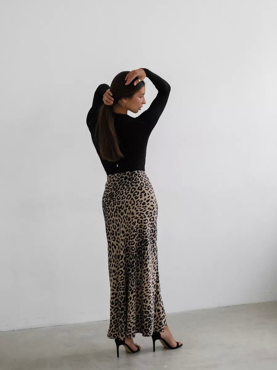 Satin Sexy Leopard Print Maxi Skirt