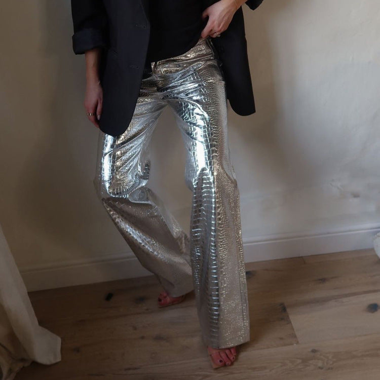 Metallic Coated Fabric Silver Scale Pattern High Waist Long Straight Pants