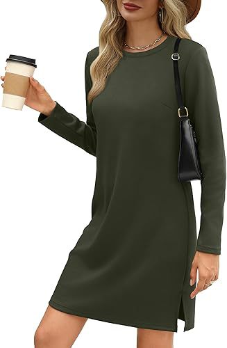 Round Neck Slit Hemline At Hem Sweater Long Sleeve Casual Dress