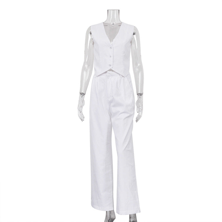 Cotton Linen Sleeveless Vest Waistcoat Trousers Two Piece Set