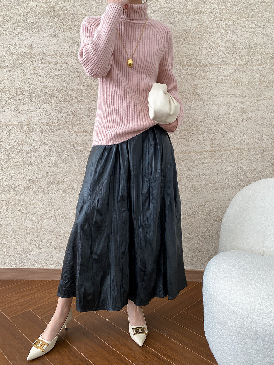 Vintage Pleated Texture Elastic High Waist Faux Leather Skirt