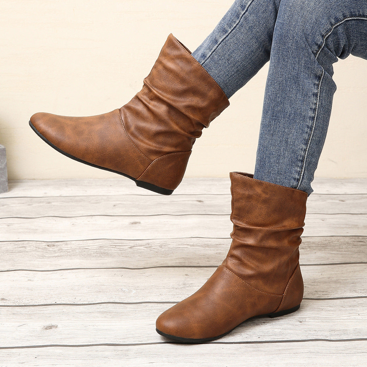 Round Toe Low Heel Faux Leather Boots