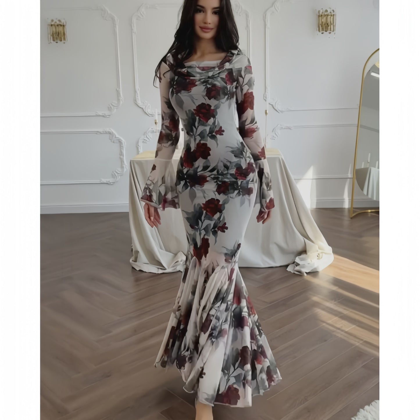 Romantic French Floral Print Long Sleeve Maxi Dress