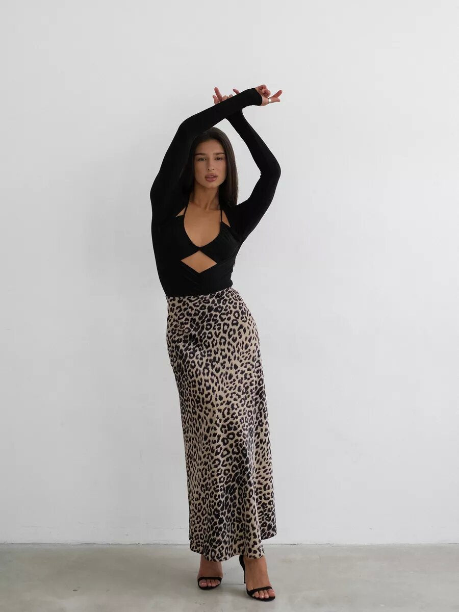 Satin Sexy Leopard Print Maxi Skirt