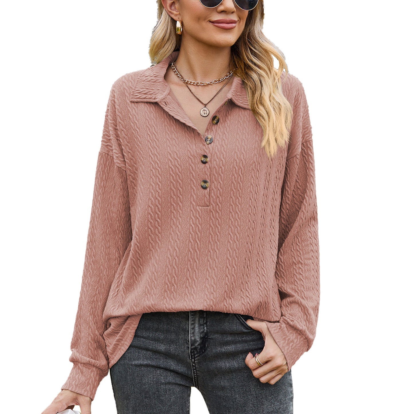 Solid Color Polo Collar Button Loose Long Sleeve Sweatershirt