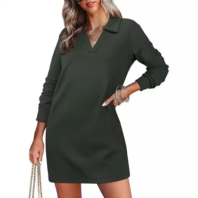 Collared Long Sleeve Casual Solid Color Sports Sweater Dress