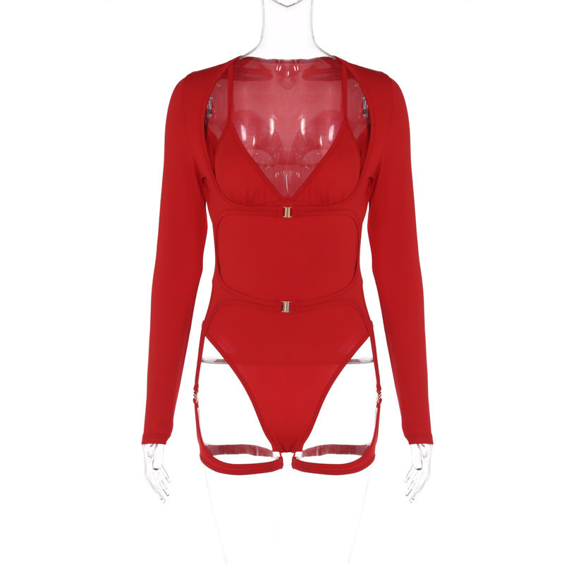 Solid Color Long Sleeve V Neck Night Club Sexy Cutout Bodysuit