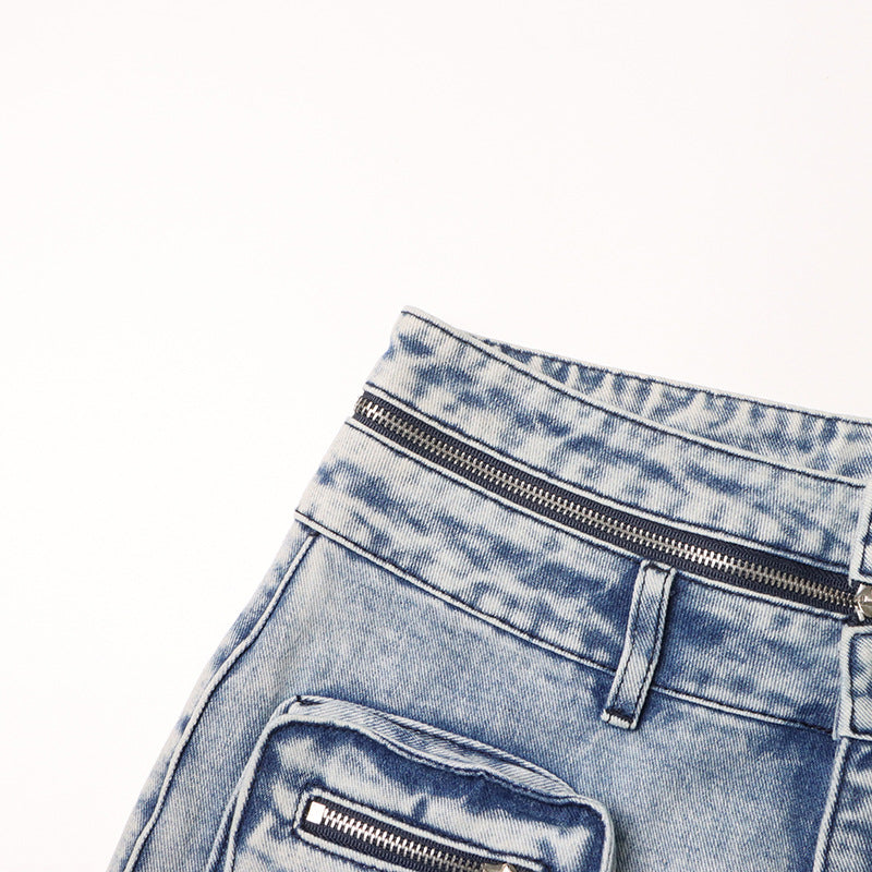 Patchwork Pocket Deconstructed High Waist Straight Jeans