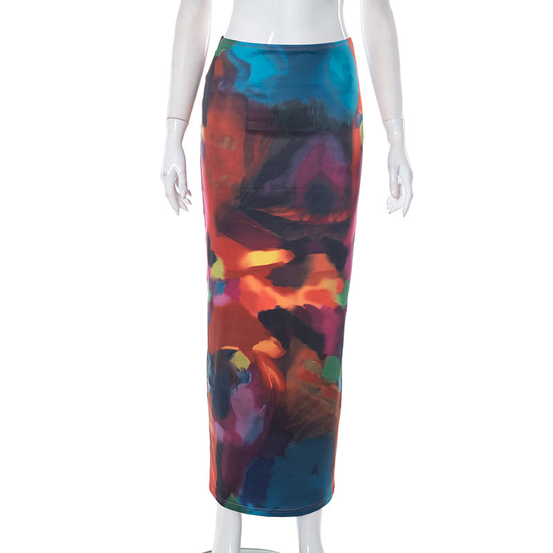 Painted Print Bare Cropped Slim Fit Sheath Long Skirt