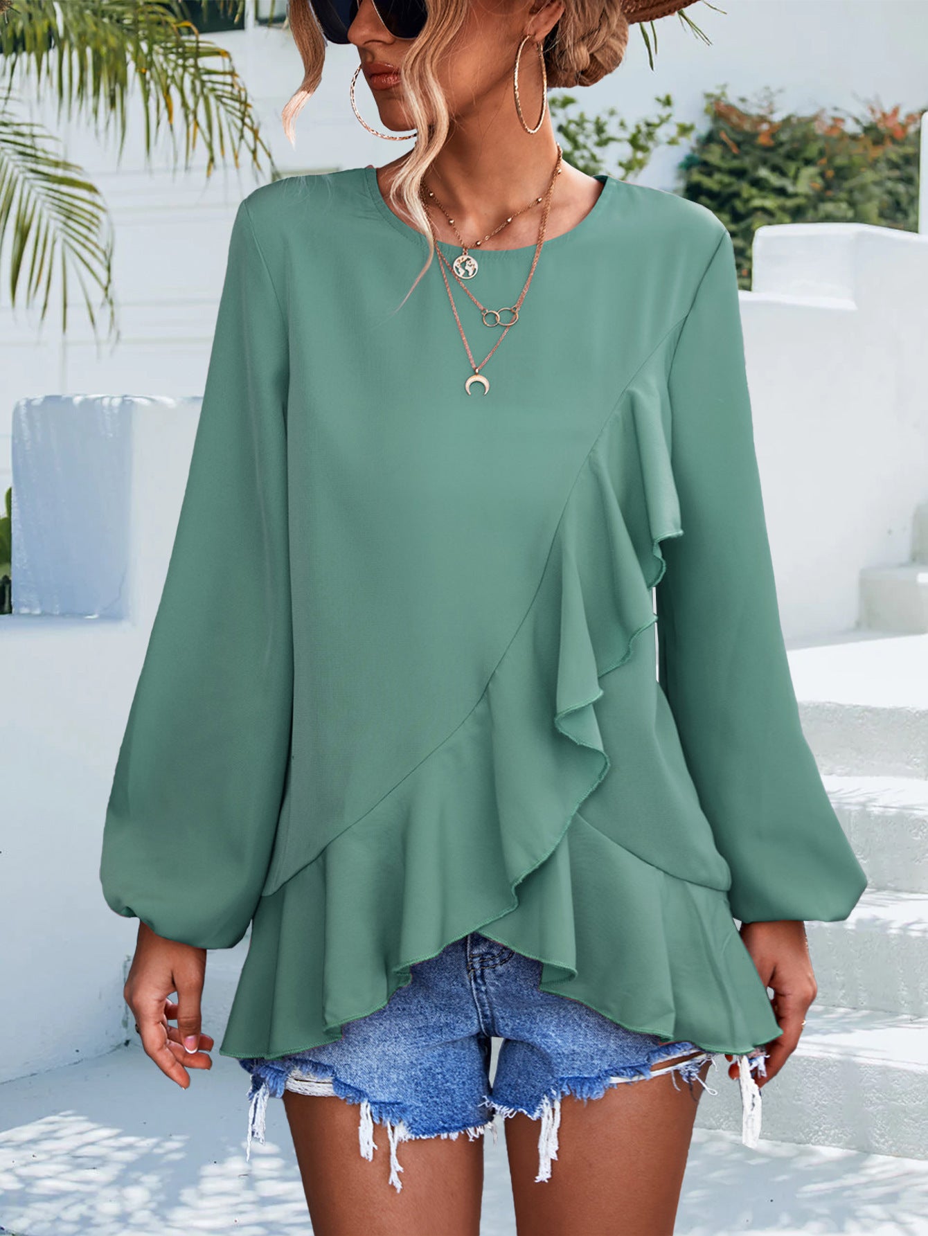 Ruffles Lantern Sleeve Irregular Asymmetric Top Shirt