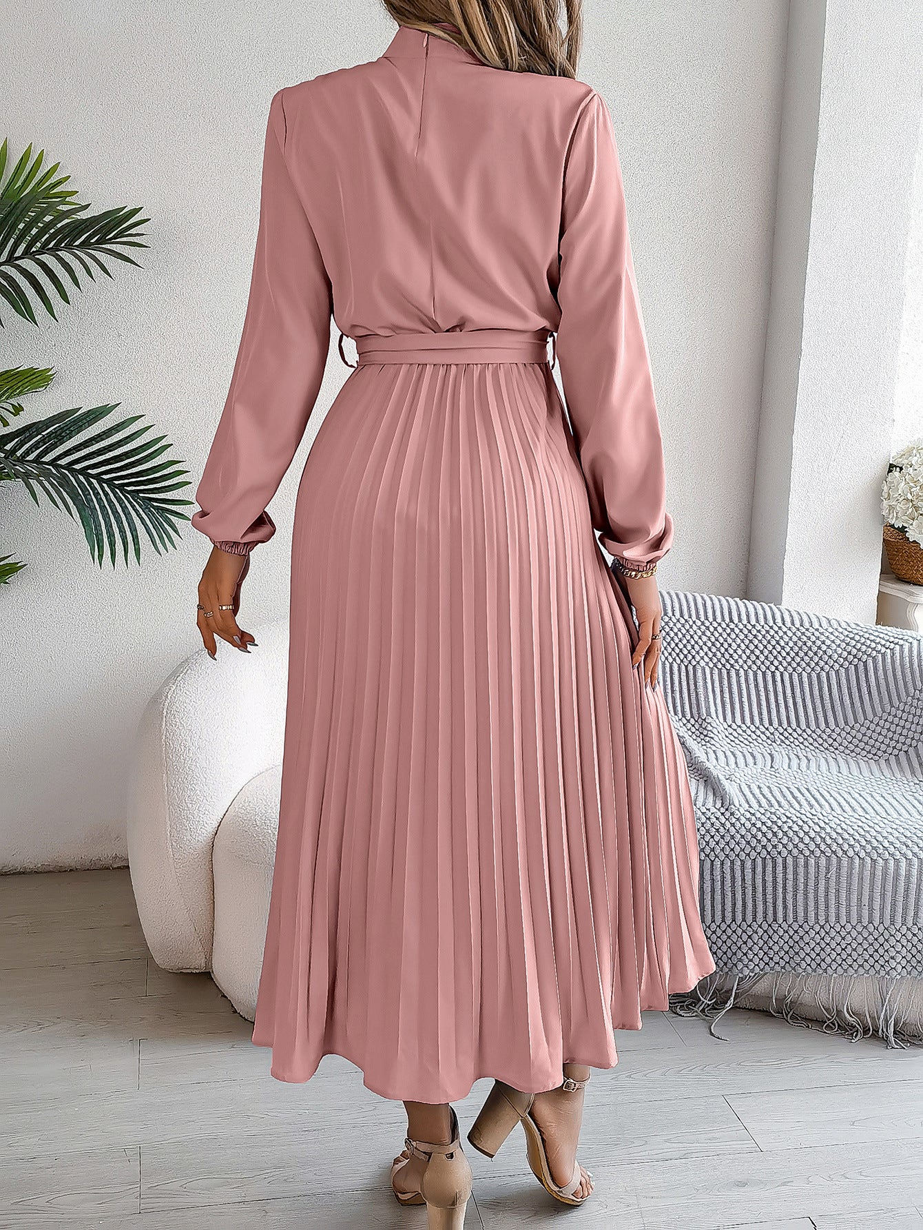 Elegant Stand Collar Long Sleeve Cinched Pleated Dress