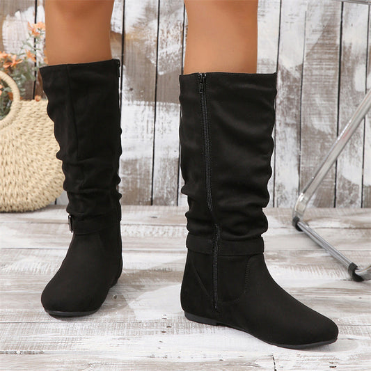 Pleated Side Zipper High Flat Boots