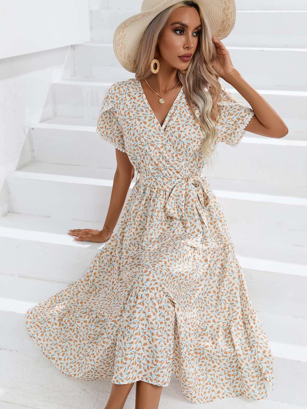 Floral Split V Neck Dress