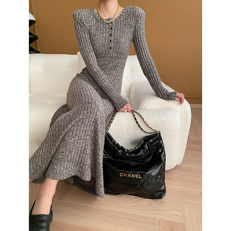 Sunken Stripe Padded Shoulder Slimming Knitted Dress