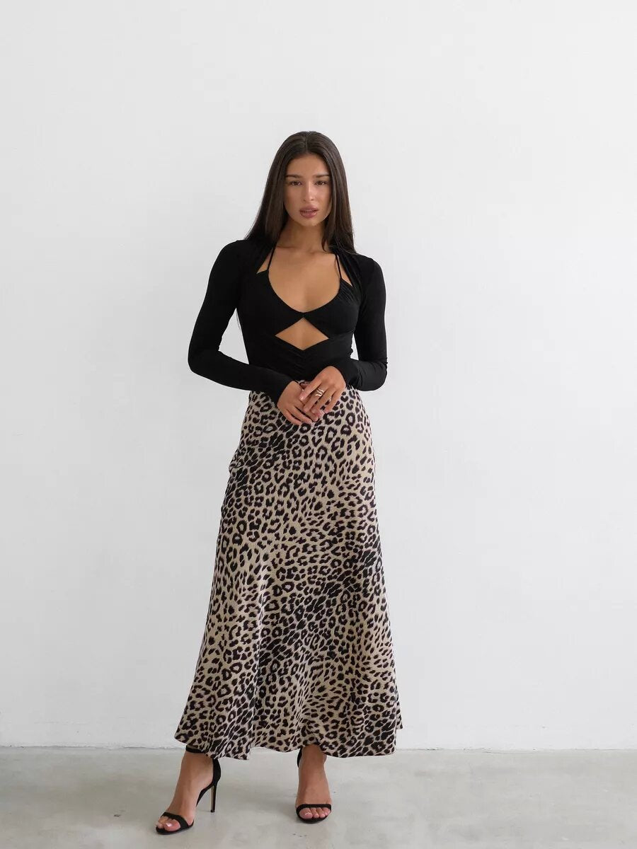 Satin Sexy Leopard Print Maxi Skirt