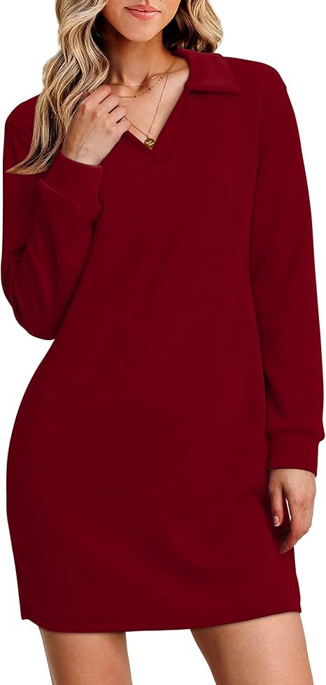 Collared Long Sleeve Casual Solid Color Sports Sweater Dress