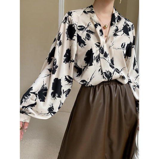 Ink Lantern Sleeve V Neck Satin Shirt