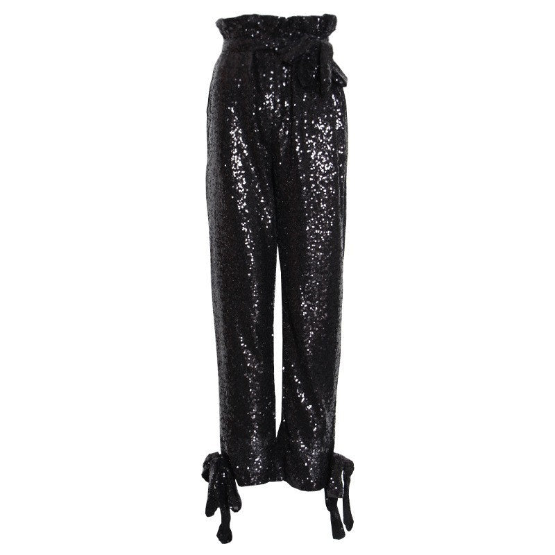 Sequined High Waist Lace Up Ankle Banded Pants