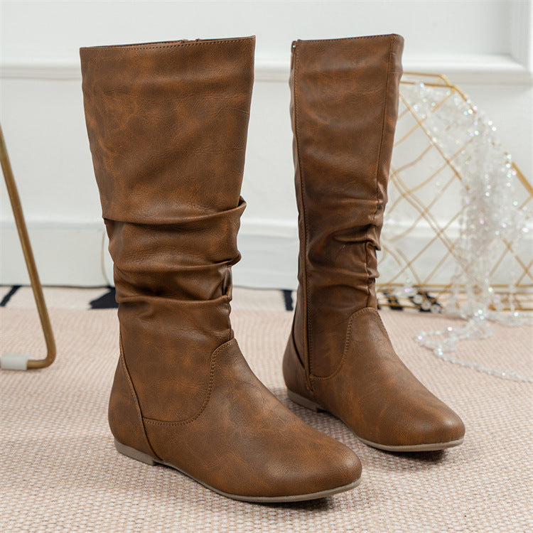 Pleated High Top Inner Zipper Flat Bottom round Head Boots