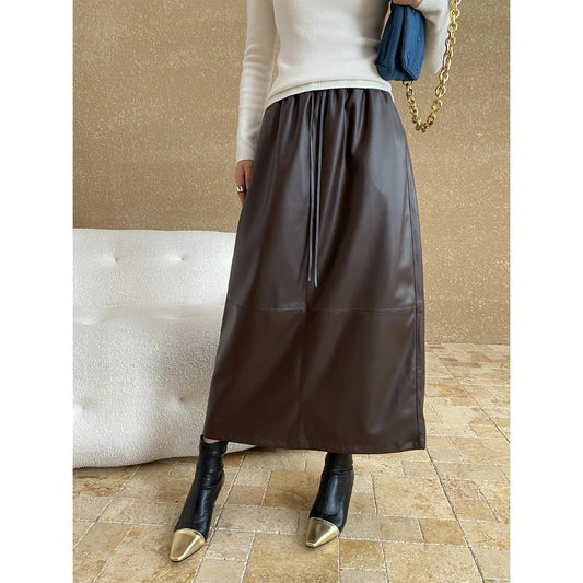 Split Drawstring Elastic Waist Slimming Patchwork Leather Skirt