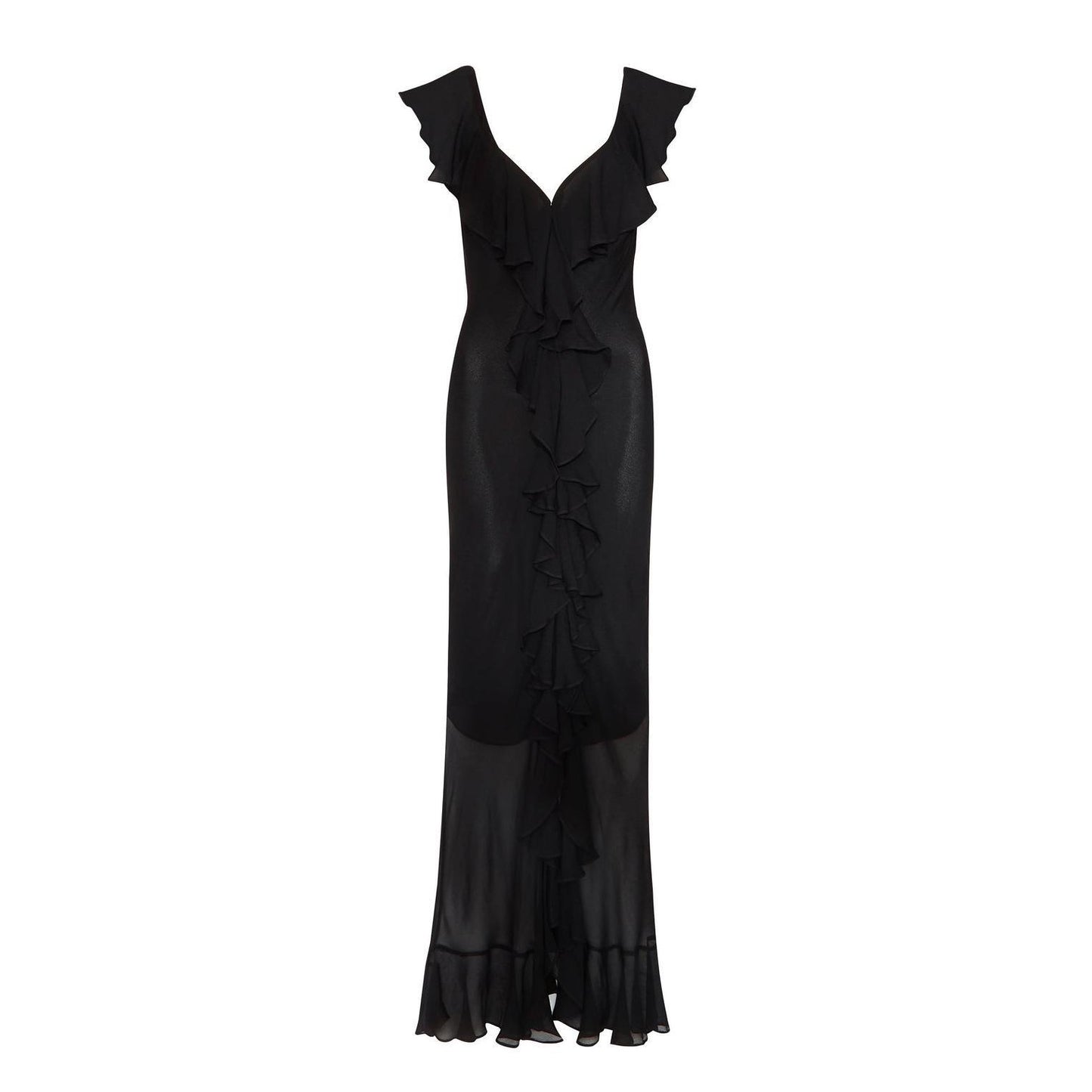 Chiffon-Kleid mit V-Ausschnitt, schmaler Passform und Schlitz, transparent, unregelmäßig, asymmetrisch, gerüscht