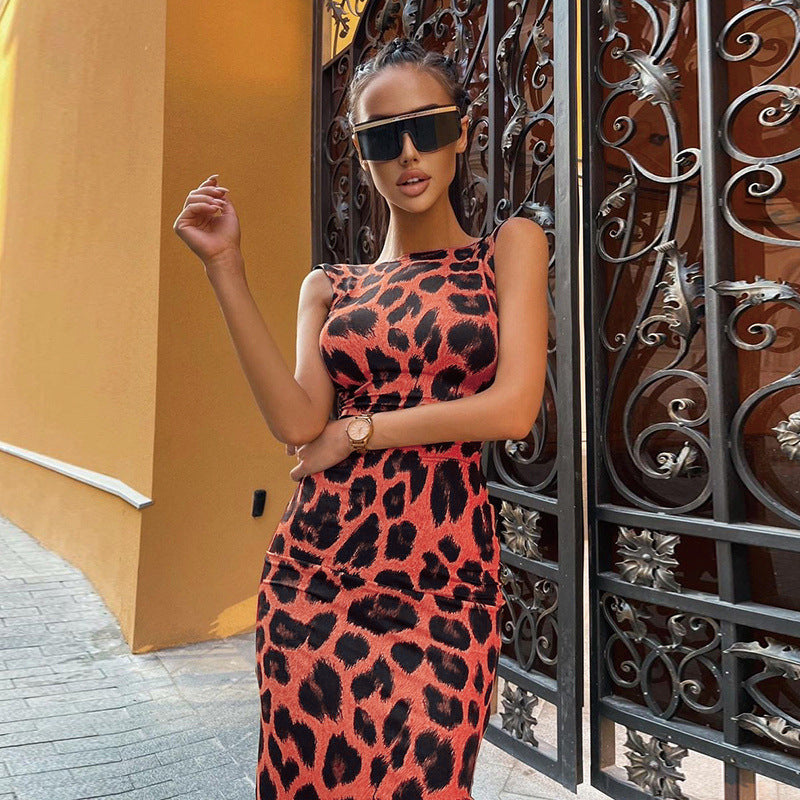 Leopard Print Backless Midi Dress