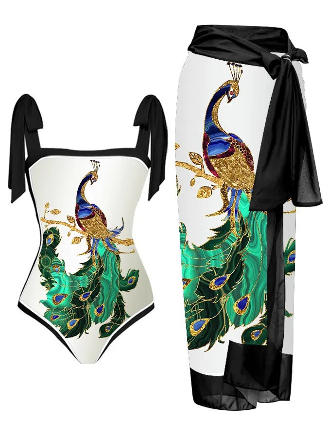 Printed Two-Piece One-Piece Conservative Cover Hip Skirt Swimsuit