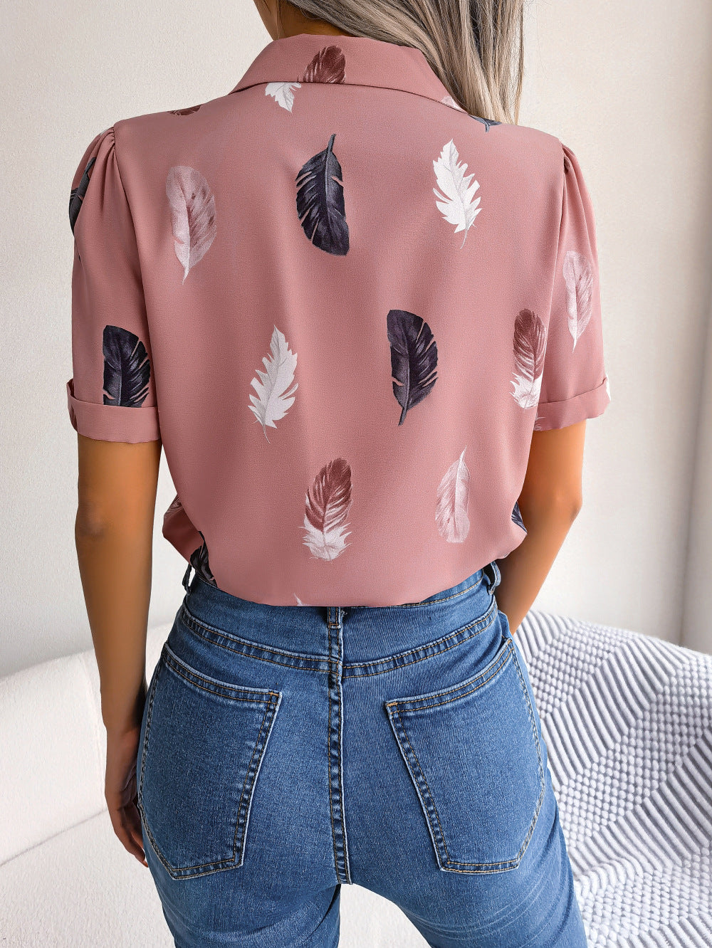 Elegant Collar Feather Loose Short Sleeve Shirt