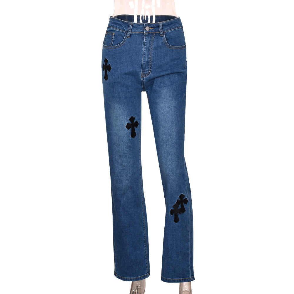 Sexy Low Waist Denim Embroidered Hollow Out Cutout Personalized Stretch Jeans
