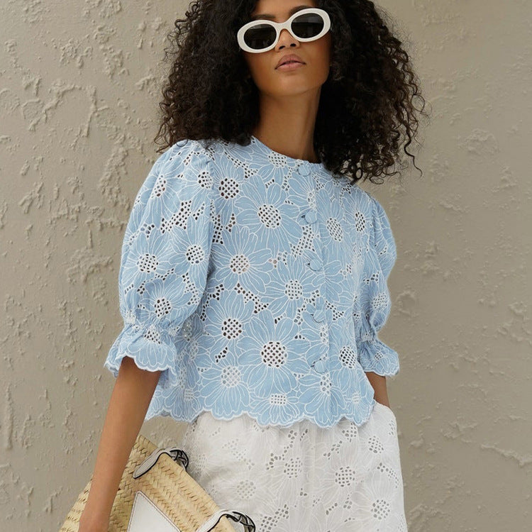 Embroidery Flared Sleeves Cropped Shirt Top