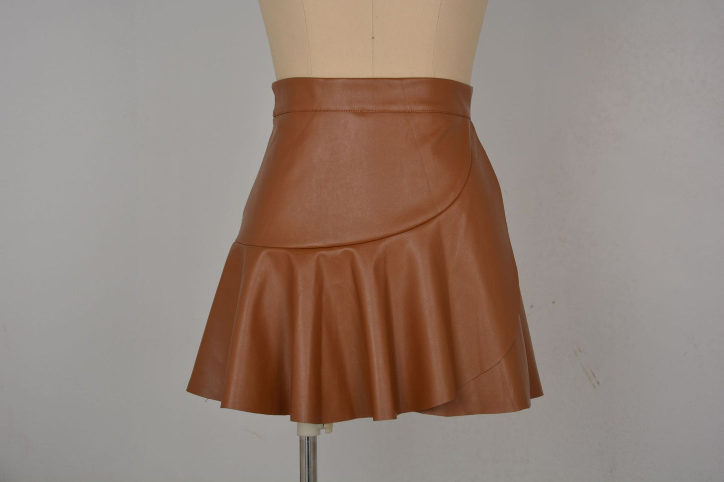 High Waist Ruffles Irregular Asymmetric Leather Skirt