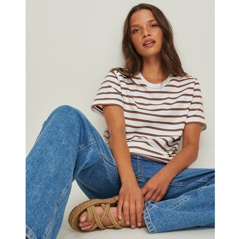 Simple Loose Cotton Crew Neck Short Sleeve Striped T Shirt