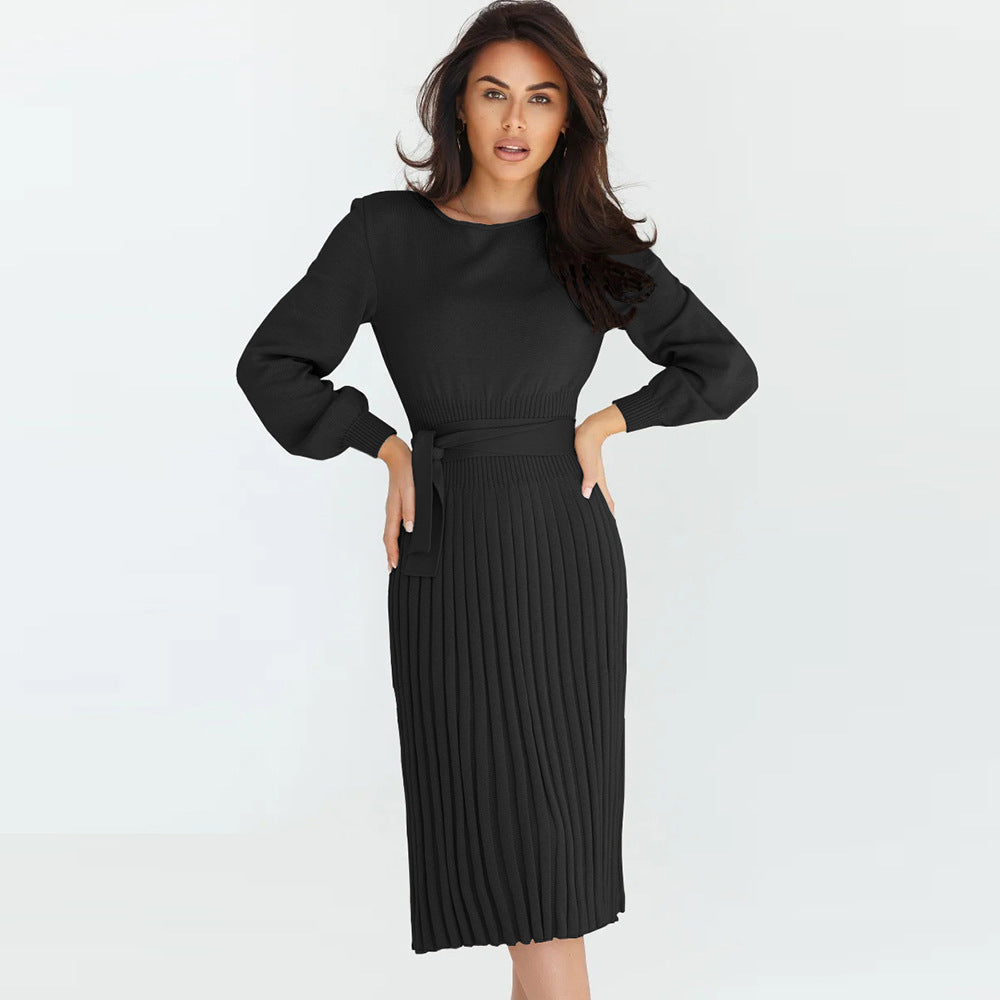 Slim-Fit Pleated Mid-Length Bottoming Sweater Knitting Dress