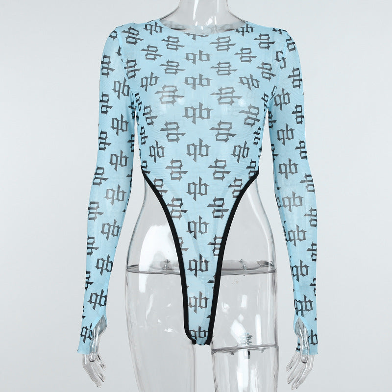 Printing Fashionable Long Sleeve Contrast Color Sexy Bodysuit