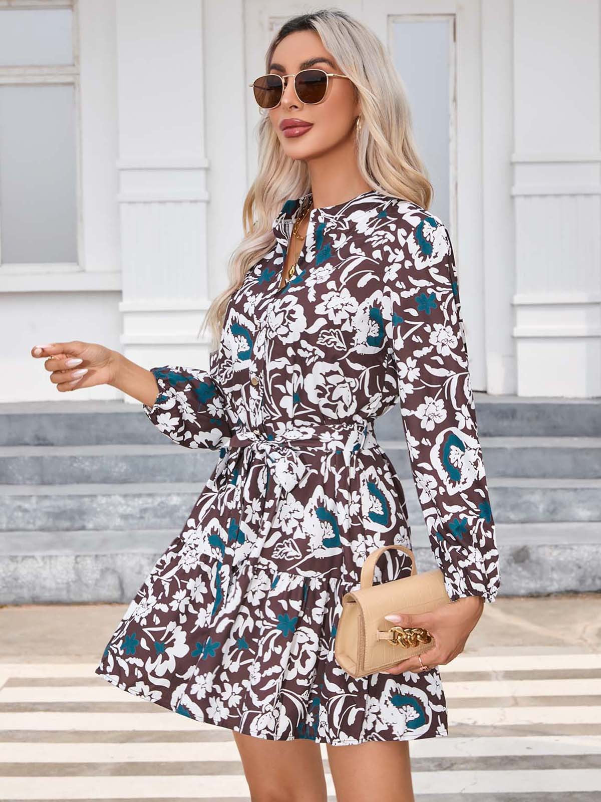 Printing Button Long Sleeve Dress