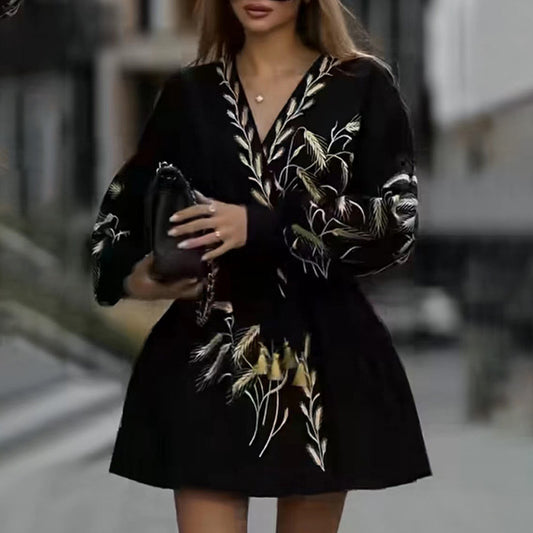 Fall French Retro Dark Machine Embroidery Wheat Velvet Long Sleeves Short Dress