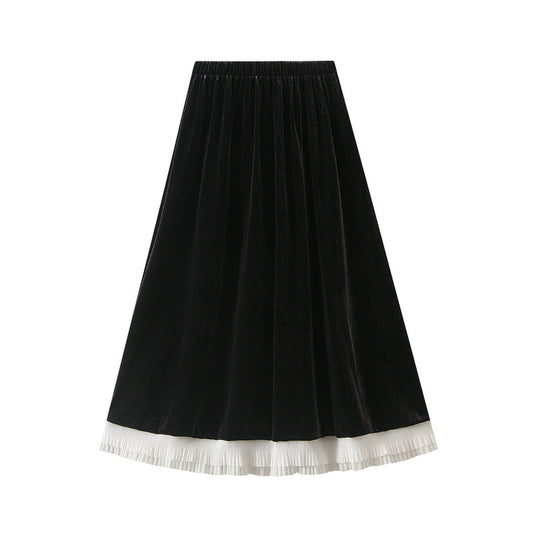 Velvet Contrast Color Pleated Skirt