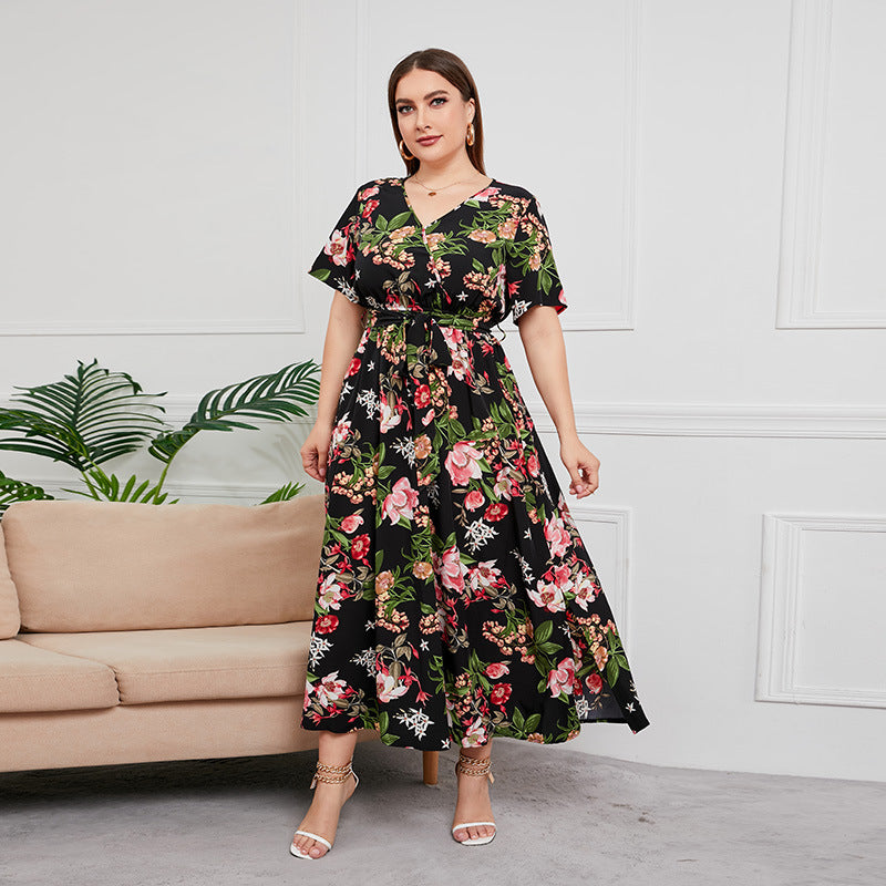 Plus Size High Waist Western V-neck Midi Dress