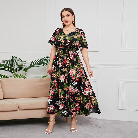 Vestido midi plus size de cintura alta com decote em V ocidental