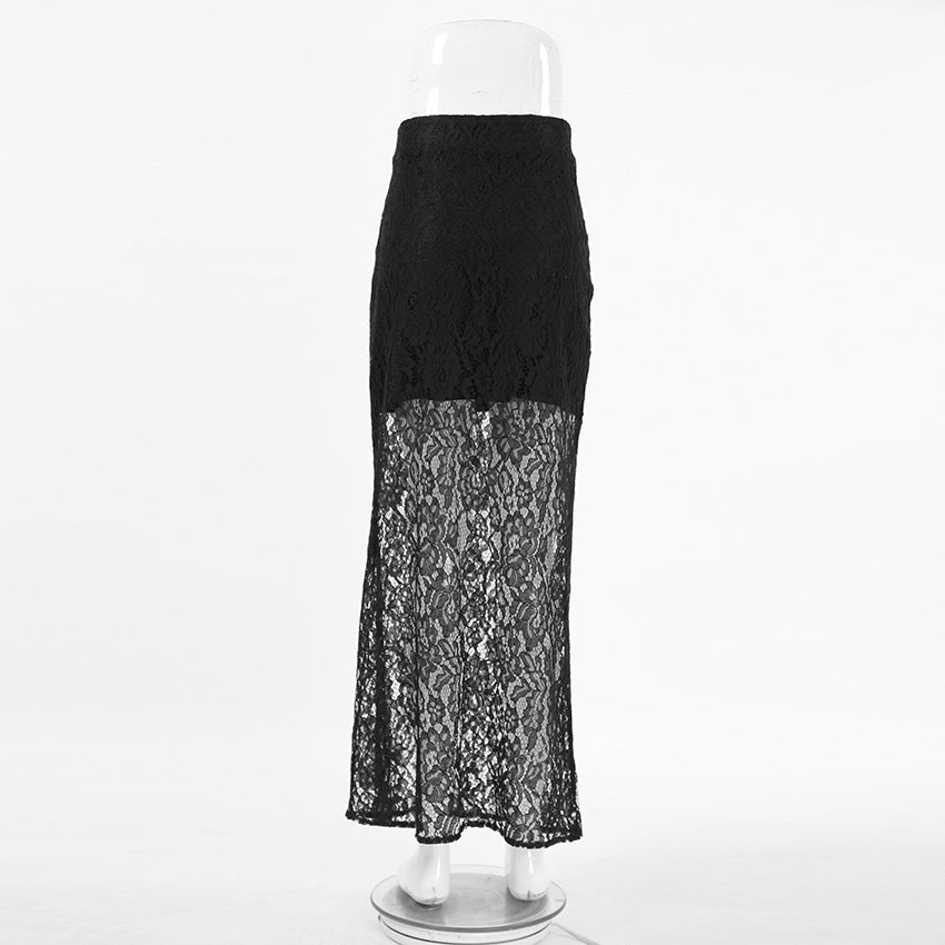 Retro Easy Matching Black Polyester Lace See through Sexy Ankle High Skirt