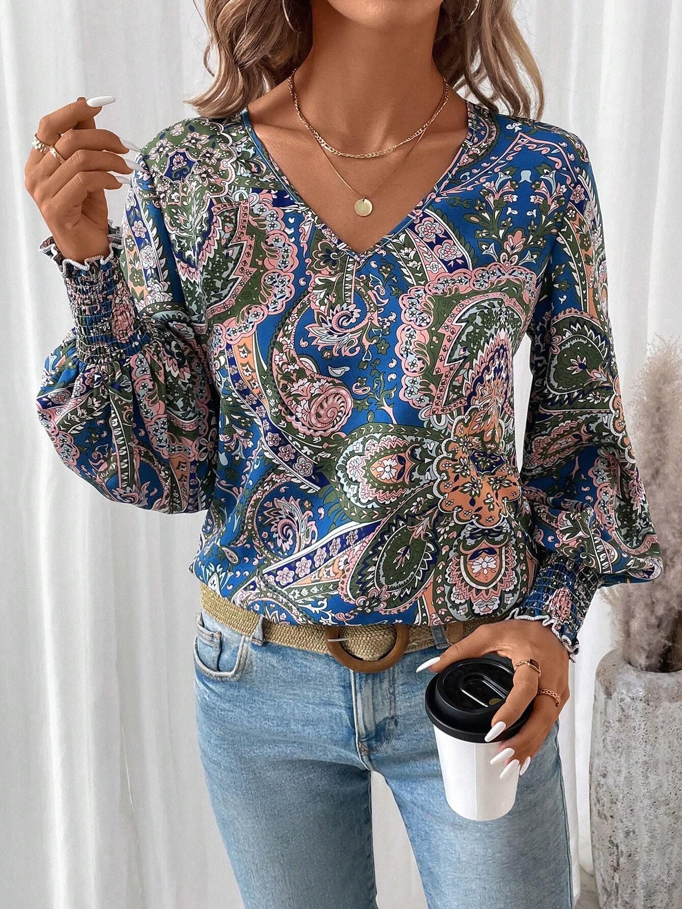 Elegant V Neck Printed Lantern Sleeve Shirt