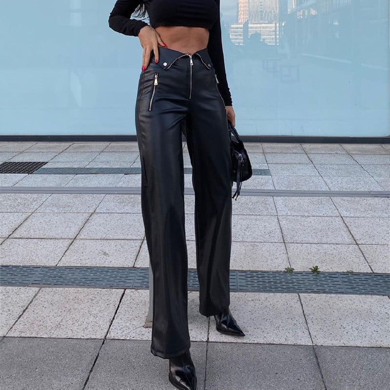 High Waist Straight Loose Wide Leg Leather Pants