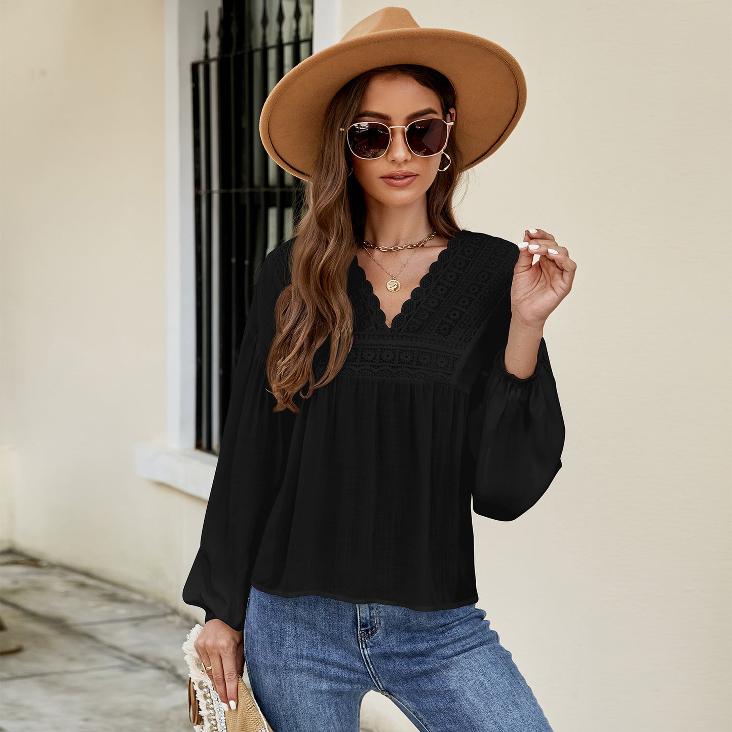 Lantern Sleeve Chiffon Shirt Top